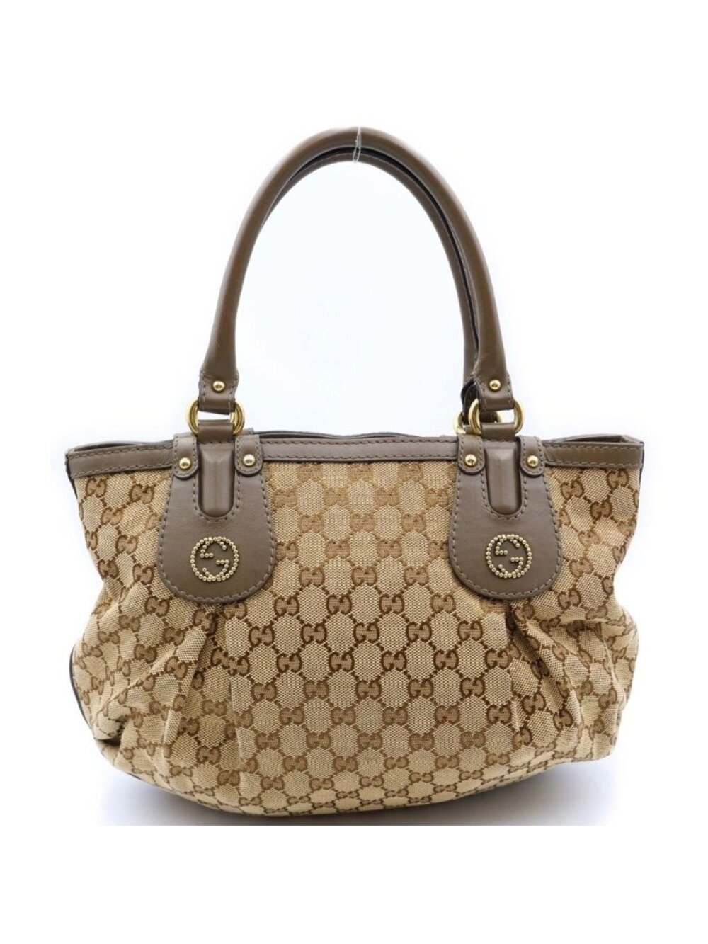 Gucci GG Canvas Scarlet Tote Bag Brown Beige Leather Gold